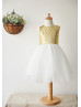 Gold Sequin Ivory Tulle Knee Length Flower Girl Dress With Bow Gold Sequin Ivory Tulle Knee Length Flower Girl Dress With Bow